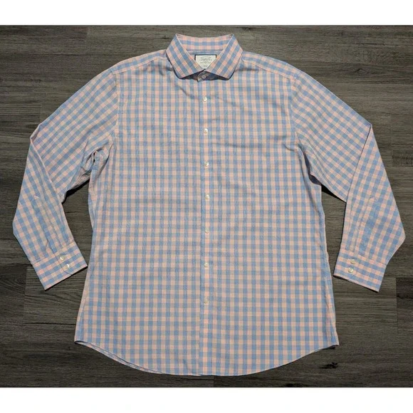 Charles Tyrwhitt Men's Pink Blue Checkered Non Iron Slim Shirt Size 17.5-35 - Picture 1 of 7
